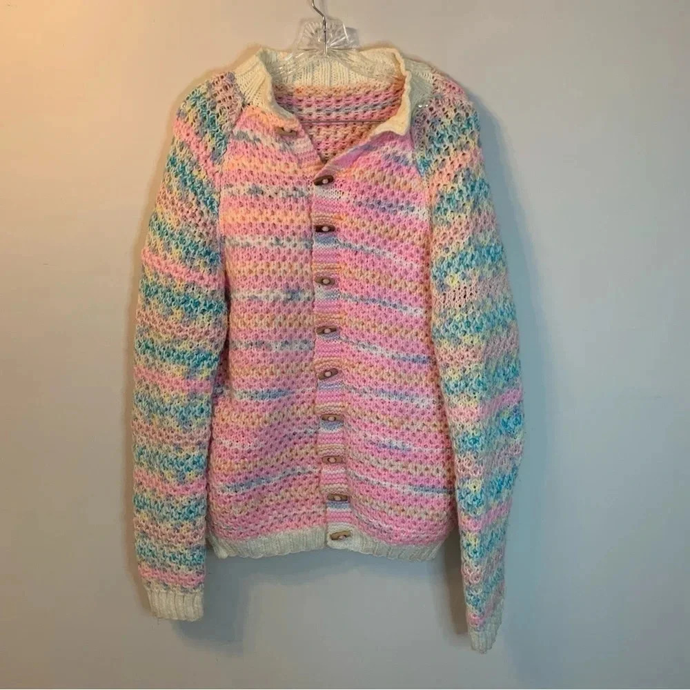 Handmade Pink Blue Crocheted Oversized Button Front Cardigan XL